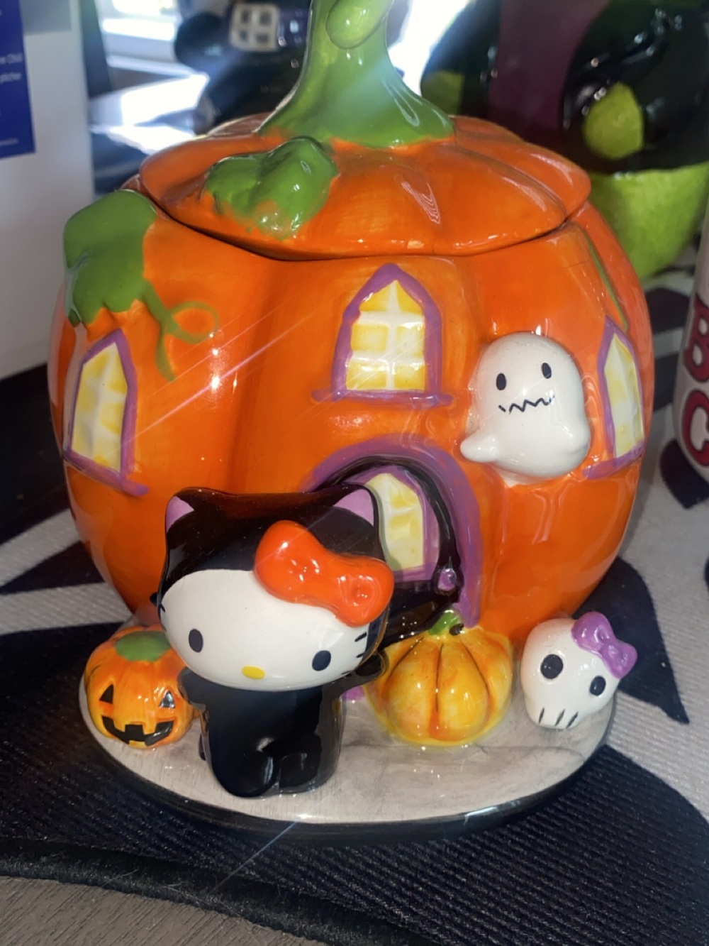 Blue Sky Orange Hello Kitty Pumpkin Treat Jar with Ghost Accents